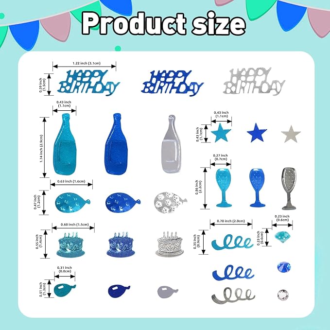 VHUWE Happy Birthday Confetti, 1.6 oz Dark Blue Light Blue Silver Cake Balloon Star Goblet Bottle Glitter Confetti for Boys Girls Kids Women Men Happy Birthday Party Table Decorations Supplies