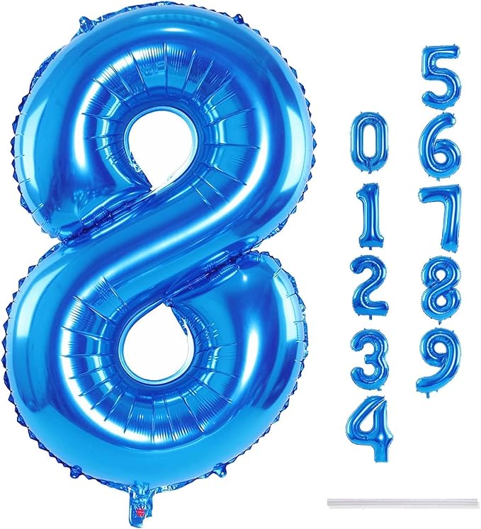 Blue Foil Balloon Number 8, 40'' Giant Self Inflating Number Balloons Set 0-9, Large Number 8 Digital 8 Helium Balloon for Boys Men 8th 18th Birthday Graduation Anniversary Party Decorations Supplies