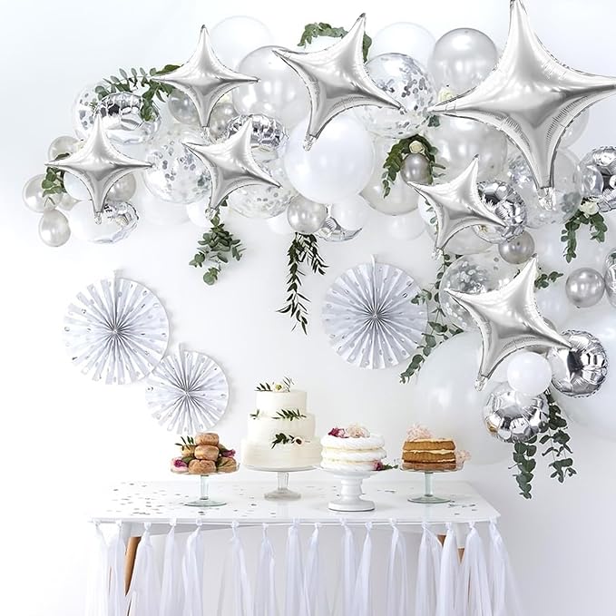 12PCS Silver Star Balloons, 24in 18in 10in Four Angle Star Shaped Balloon Silver Foil Balloons for Wedding Baby Shower Birthday New Year Party Decorations