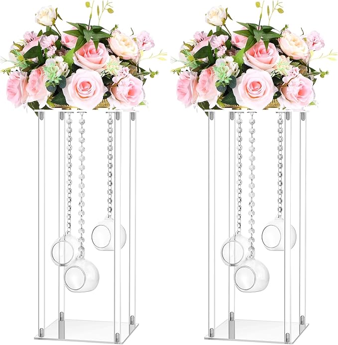 Yerliker 2 Sets 20'' Tall Acrylic Flower Vase Wedding Centerpieces Flowers Stand with Hanging Glass Tealight Globe Candle Holders, Crystal Garland Strands and Self Adhesive Hook (Cuboid)