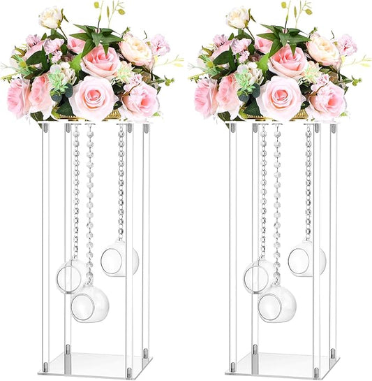 Yerliker 2 Sets 20'' Tall Acrylic Flower Vase Wedding Centerpieces Flowers Stand with Hanging Glass Tealight Globe Candle Holders, Crystal Garland Strands and Self Adhesive Hook (Cuboid)