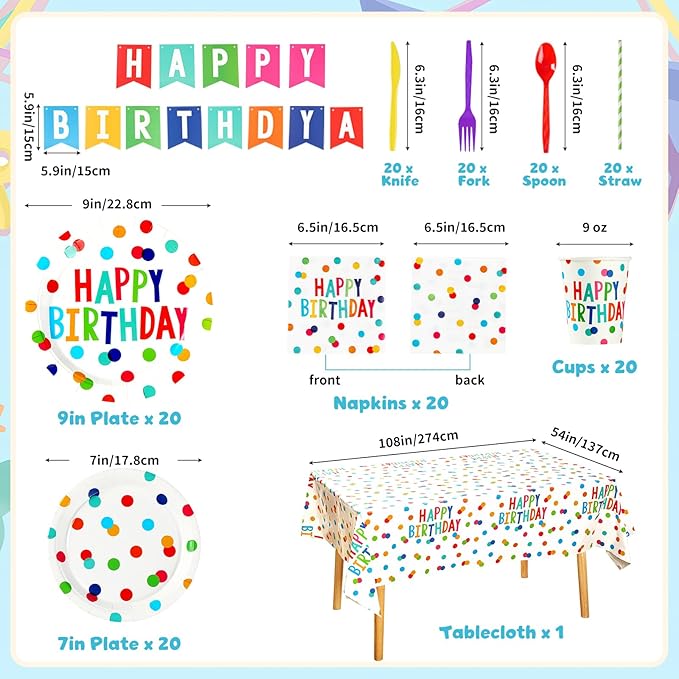 Happy Birthday Decorations- 170pcs Birthday Party Supplies Kit with Colorful Honeycomb Centerpieces for Tables, Banner, Backdrop Cloth, Disposable Tableware Kit for Boys Girls, Serves 20