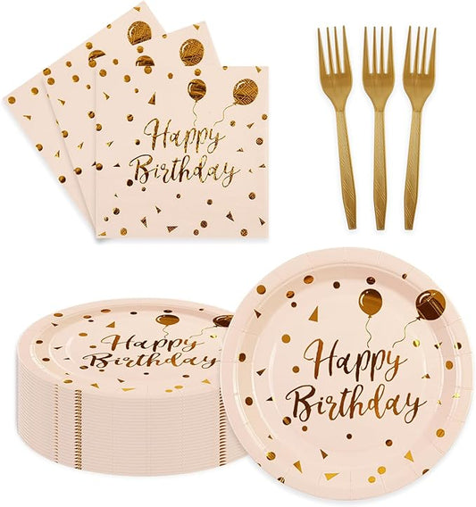 90PCS Happy Birthday Plates and Napkins Party Supplies, Disposable Pink Gold Dot Dessert Paper Plates Napkins with Forks Tableware Set Party Decorations for Girl Women Birthday Parties