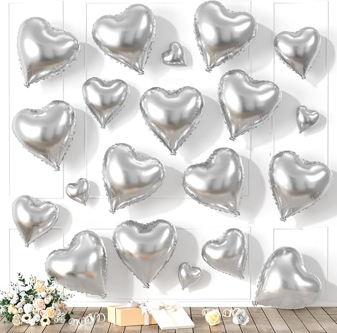 Silver Heart Balloons, Heart Shaped Ballons, 20 Pcs 5/10/18 inch Silver Foil Love Balloons for Valentine's Day Decorations Wedding Engagement Bridal Showers Anniversary Celebrations