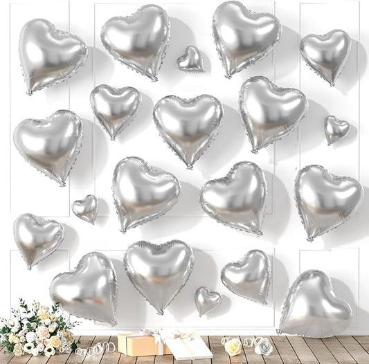 Silver Heart Balloons, Heart Shaped Ballons, 20 Pcs 5/10/18 inch Silver Foil Love Balloons for Valentine's Day Decorations Wedding Engagement Bridal Showers Anniversary Celebrations