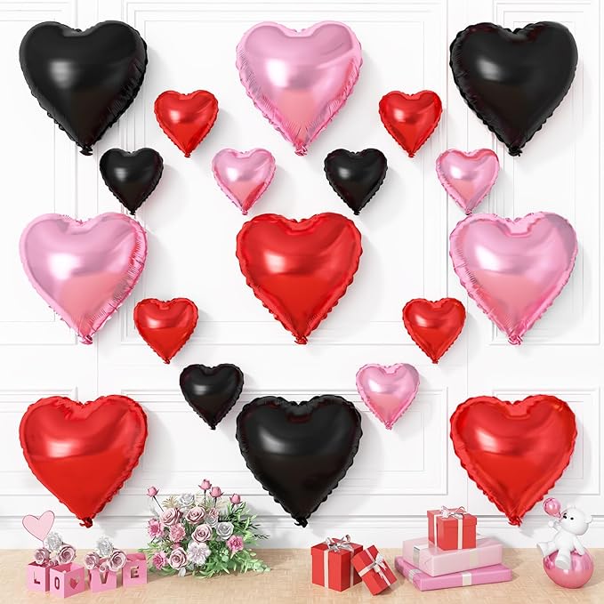 Black and Pink Heart Balloons, 19PCS Light Pink and Red Black Heart Shape Balloon, 18Inch with 10Inch Red Pink Black Helium Foil Love Balloon for Birthday Baby Shower Wedding Theme Party Decor