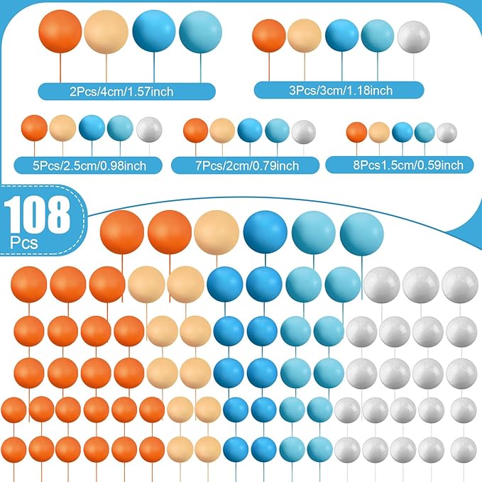 108 Pcs Balls Cake Topper DIY Cupcake Insert Foam Balloons for Cake Baking Wedding Anniversary Birthday Decoration(Fresh Colors,Multi Sizes)