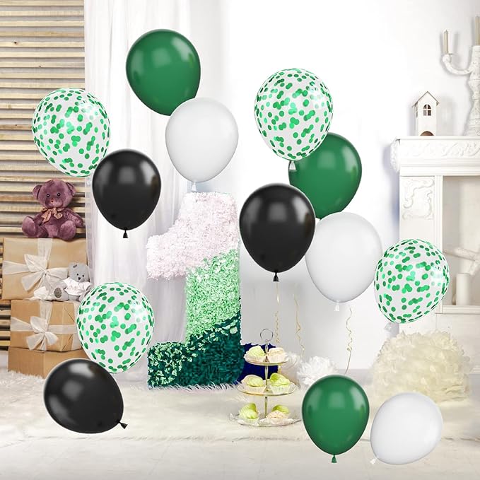 Green and Black Balloons, 50Pcs 12 Inch Green White Black Birthday Balloons, Green Confetti Balloons white Latex Balloons for Video Game Football Theme Party Baby Shower Supplies