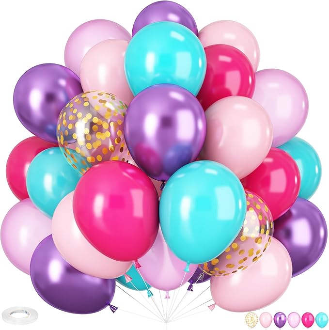 Pink and Purple Balloons, 60PCS 12Inch Purple Pink Teal Blue Balloons and Gold Birthday Balloon for Girls Princess Birthday Mermaid Baby Shower Party Decorations