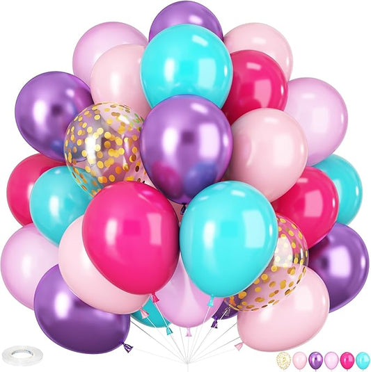 Pink and Purple Balloons, 60PCS 12Inch Purple Pink Teal Blue Balloons and Gold Birthday Balloon for Girls Princess Birthday Mermaid Baby Shower Party Decorations