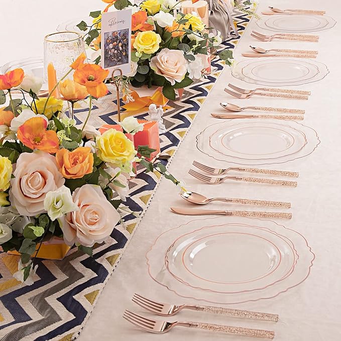 Liacere 150PCS Rose Gold Plastic Plates - Clear Rose Gold Disposable Plates with Glitter Bamboo Handle Cutlery - 60 Baroque Elegant Plates, 30 Forks, 30 Spoons, 30 Knives for Thanksging day&Chrismas