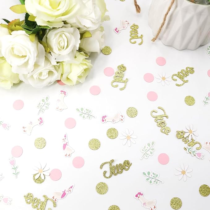 220PCS Two Silly Goose Birthday Decorations for Girl, Goose Dot Leaves Flower 2nd Birthday Confetti for Pink and Gold 2 Year Old Bday Decor