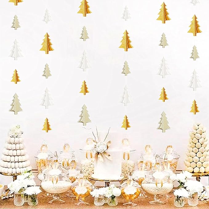White Gold Christmas-Tree Party-Decorations Garland - 25 Ft Hanging Birthday Paper Streamers Banner,Wedding Baby Bridal Shower Bachelorette Decor Ouruola