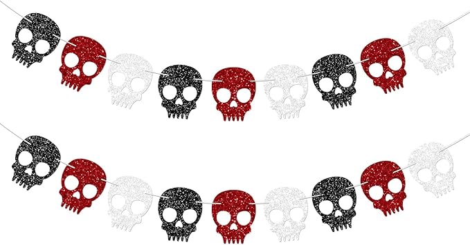 2PC Black/Silver/Red Skull Garland for Halloween Party Decorations Glitter Skull Banner for Gothic Birthday Decorations Supplies