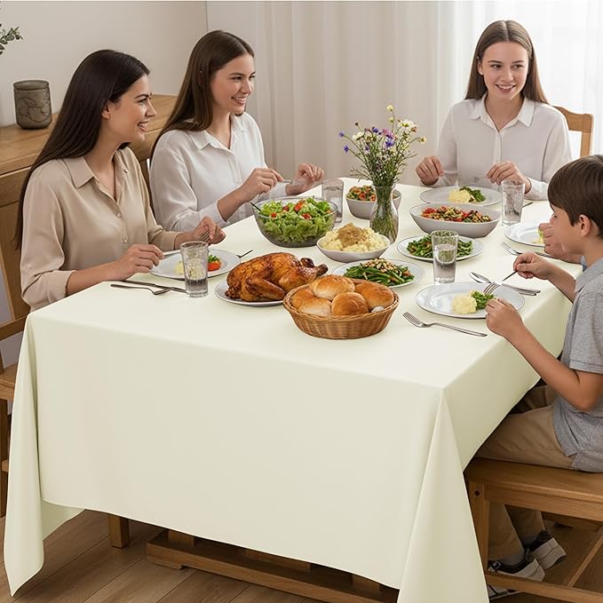 6-Pack Ivory Tablecloths for Rectangle Tables, 90 x 156 Inches, Stain-Resistant Polyester Fabric for 8 Foot Tables - Washable Table Covers for Weddings, Banquets, Birthday Parties, Events