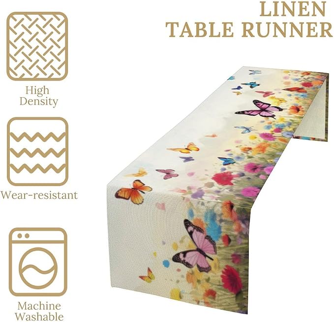 Butterfly Table Runner, Wildflowers Floral Butterfly Table Decoration Seasonal Spring Summer Home Kitchen Dining Table Indoor Outdoor Farmhouse Decor 13x120 Inch