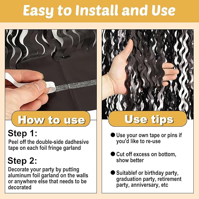 6 Pack 10 Feet Black Wave Foil Fringe Garland Metallic Tinsel Streamers Banner Wall Hanging Curtain Backdrop for Parade Floats, Mother's Day, Easter, Wedding, Birthday Party Decoration