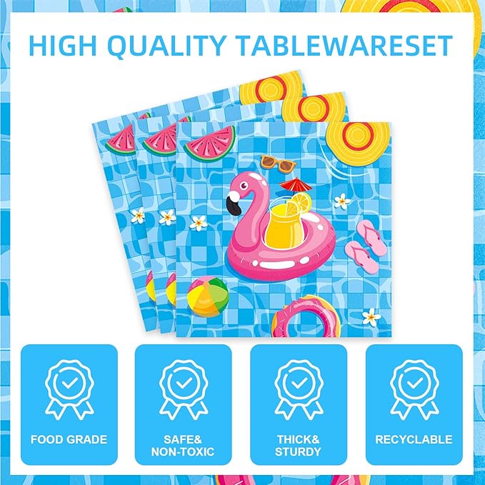 141Pcs Pool Party Decorations for 20 Guests - Summer Beach Birthday Party Plates and Napkins Forks Knives Straws for Baby Shower Swimming Pool Summer Birthday Decorations