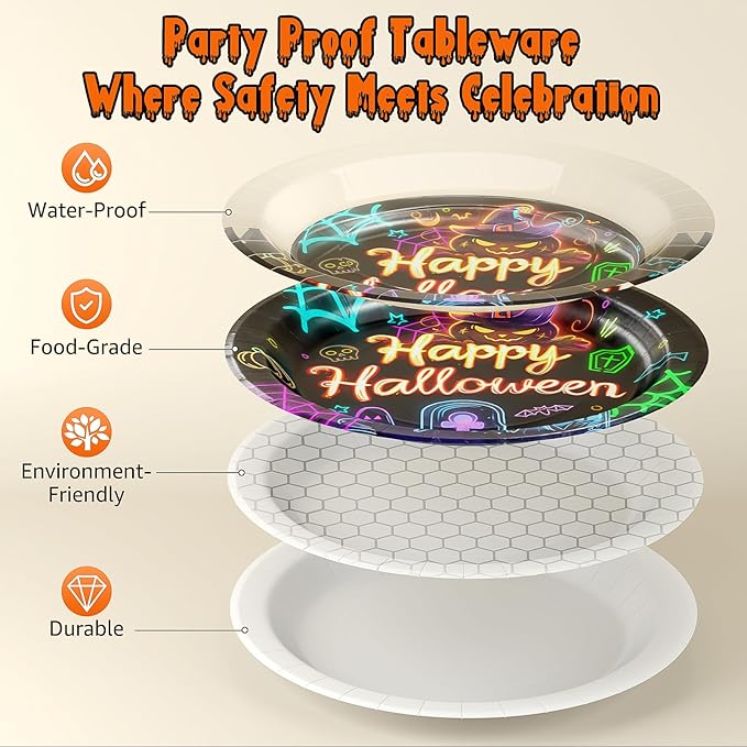 170 Pcs Halloween Birthday Party Decorations Set , Halloween Party Decorations Including Plates, Dessert Plates, Cups, Napkins, Spoons, Forks, Knives, Pull Tabs and Tablecloth Serves 24