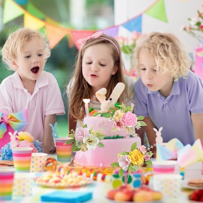 Cake Toppers Flowers,3 Pieces Hand-made Silk Flowers Cake Decorations for Birthday Baby Shower Wedding Valentine's Day Celebration Boho Party Supplies (Yellow Pink)