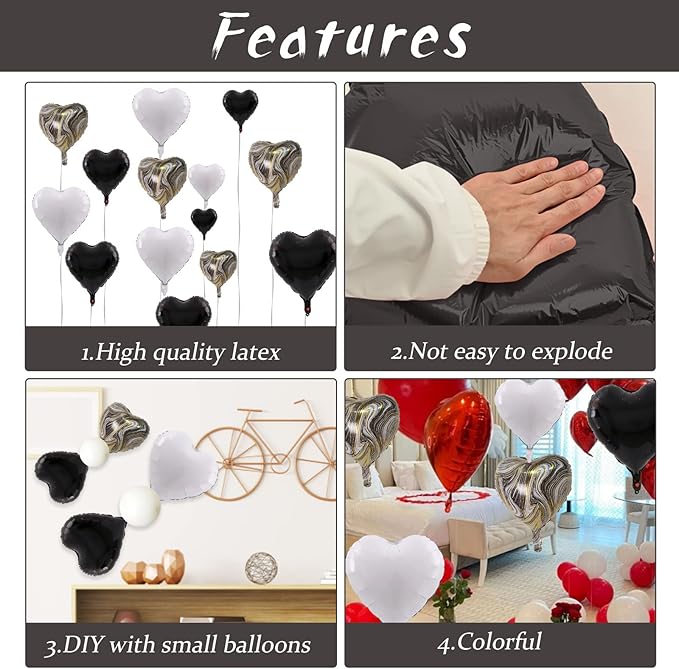 Black White Foil Heart Balloons, 10PCS Black White Agate Heart Shape Balloons, Valentines Balloons 18inch Black Foil Balloon for Helium Valentine Decorations for Wedding, Baby Shower, Anniversary