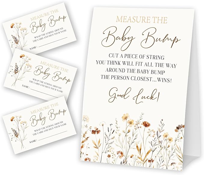 Wildflower Measure The Baby Bump - Thanksgiving Baby Shower Card Set (1 Sign With 50 Guess Cards), Fall Floral Gender Reveal Party Favor Supplies -A18