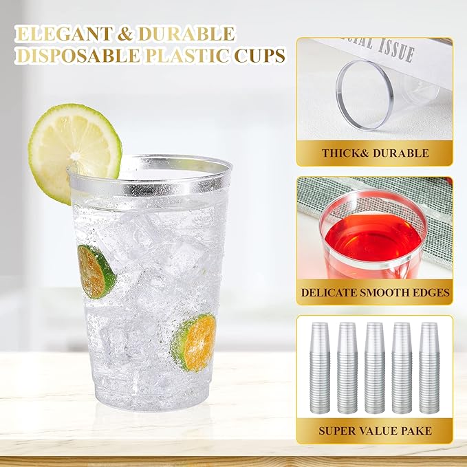 Vplus 150 Pack 12 OZ Reusable Silver Rimmed Clear Plastic Cups, Disposable Heavy Duty Plastic Cups for Party, Christmas, Wedding, Thanksgiving, Halloween
