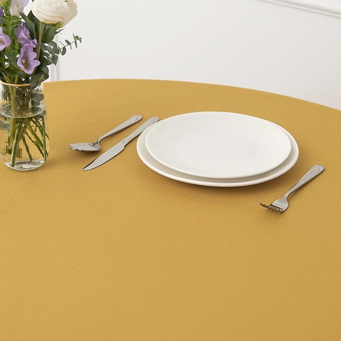 maxmill Round Textured Tablecloth Spill-Proof Wrinkle Free Soft Jacquard Table Cloth for Circular Table Cover, for Dining Room Buffet Banquet Parties Holiday Dinner, 70 Inch, Ochre Yellow