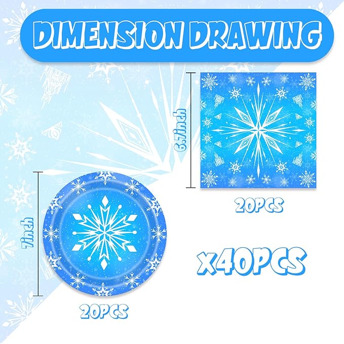 40Pcs Frozen Snowflake Birthday Party Decorations Blue and White Snowflake Plates Napkins Winter Party or Baby Shower Supplies Set for 20 Guests