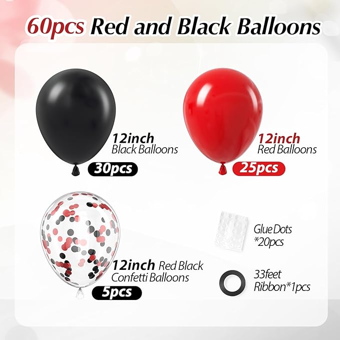 Red and Black Balloons, 60pcs 12inch Black Red Confetti Balloons for Graduation Wedding New Year Eve Birthday Party Decorations