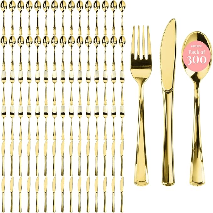 Prestee 300 Count Gold Plastic Silverware Set - Heavy Duty Disposable Cutlery with 100 Forks, 100 Spoons, and 100 Knives - Elegant Gold Plastic Forks and Spoons for Weddings, Holidays, and Parties