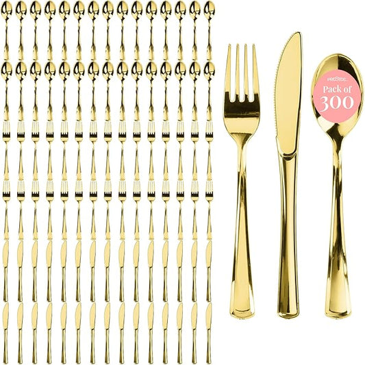 Prestee 300 Count Gold Plastic Silverware Set - Heavy Duty Disposable Cutlery with 100 Forks, 100 Spoons, and 100 Knives - Elegant Gold Plastic Forks and Spoons for Weddings, Holidays, and Parties