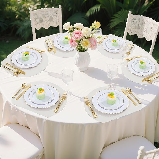 LIYH 350 Pcs White and Gold Plastic Plates - Elegant Disposable Gold Plastic Dinnerware set Include Dinner & Dessert Plates Cups Napkins for Birthday Party Wedding 50 Guests