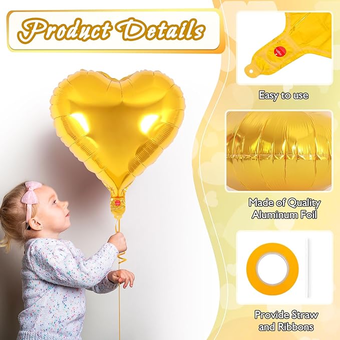 24 Pcs Gold Heart Foil Balloons, 18 Inch Love Hearts for Birthday, Wedding, Engagement, Baby Shower, Valentine's Day Decorations