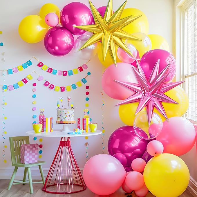 Hot Pink Yellow Balloon Arch Kit, Yellow Pink Clear Balloon Garland Kit with Large Pink Gold Star Foil Balloons, for Baby Shower Butterfly Fiesta Princess Birthday Wedding Bridal Party Decorations