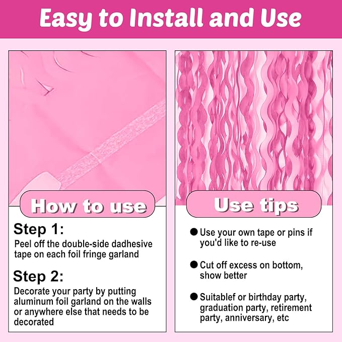 6 Pack 10 Feet Macaron Pink Wave Foil Fringe Garland Metallic Tinsel Streamers Banner Wall Hanging Curtain Backdrop for Parade Floats, Mother's Day, Easter, Wedding, Birthday Party Decoration