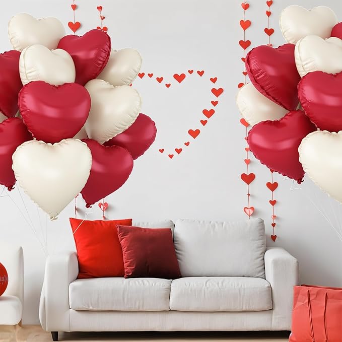 Red White Heart Balloons,12Pcs 18Inch Cream White Metallic Red Heart Shaped Foil Helium Balloons for Birthday Anniversary Wedding Engagement Party Decorations