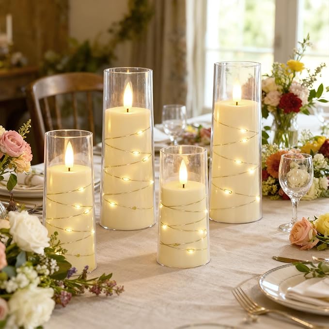 Raycare Flameless Candle with Remote Timer – 9 Flickering Acrylic Battery Operated LED Pillar Candles with Embedded Star String for Christmas, Home Decor, and as a Gift (Ivory)