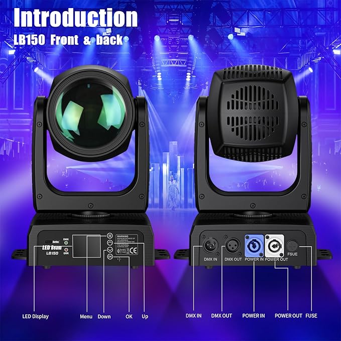 150W Moving Head Beam Light, DJ Stage Lighting with DMX512/Sound-Active/Auto/Master-Slave Modes, 12 Gobos & 12 Colors RGBW Moving Head for Nightclub Party Wedding Show (LB150)