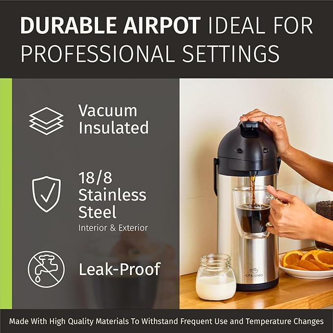 Cresimo Coffee Carafe for Keeping Hot 102oz Airpot Coffee Dispenser with Pump & Stainless Steel Table Tent Signs - 3L Airpots for Hot Beverages - Easy-to-use Insulated Coffee Carafe & Beverage Labels