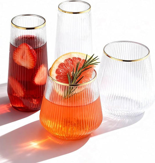 48 Pack Disposable Ribbed Origami Ripple Plastic Glasses Set - 24 9 OZ Stemless Champagne Flutes & 24 12OZ Cups, BPA-Free Shatterproof Clear Drinkware for Weddings, Parties & Events(Gold Rim)