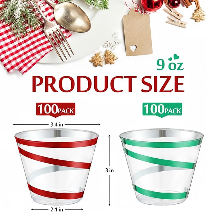 Gejoy 9 oz Rimmed Swirl Plastic Cups Disposable Wine Drinking Cups Clear Elegant Halloween Tumblers for Christmas Party Supplies(Red,Green,200 Pcs)