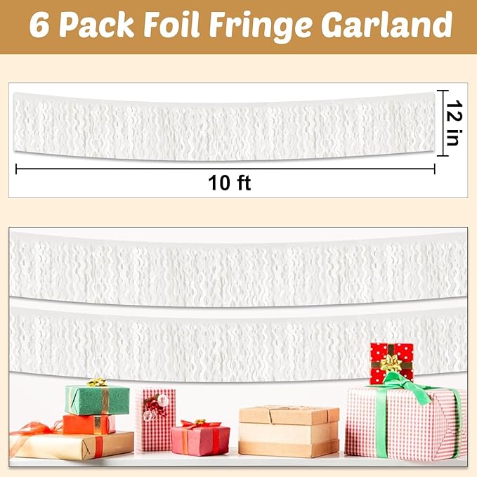 6 Pack 10 Feet White Wave Foil Fringe Garland Metallic Tinsel Streamers Banner Wall Hanging Curtain Backdrop for Parade Floats, Mother's Day, Easter, Wedding, Birthday Party Decoration