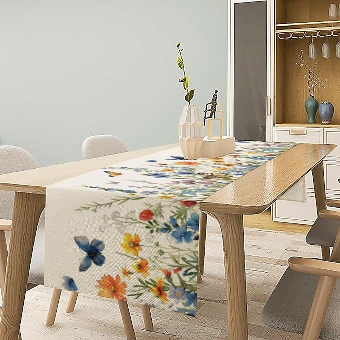 Butterfly Table Runner, Wildflowers Floral Butterfly Table Decoration Seasonal Spring Summer Home Kitchen Dining Table Indoor Outdoor Farmhouse Decor 13x36 in