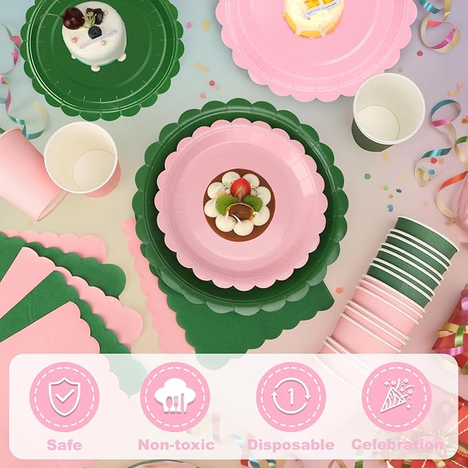 260 Pcs Green And Pink Party Supplies - For 52 Guests Paper Plates And Napkins/Cups - Disposable Small Scalloped Dinner Party Set Cutlery - For Bbq Baby Shower Bridal Shower Wedding