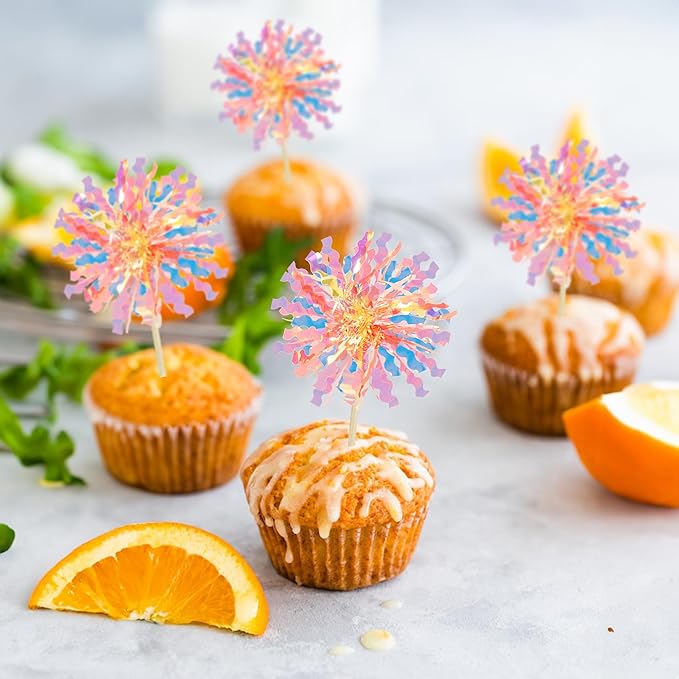 Ephlyn 30Pcs Foil Firework Cupcake Toppers Happy Birthday Cake Toppers Tinsel Flower Drink Stirrers Cocktail Food Fruit Toothpicks for Valentine's Day Party Decorations Orange