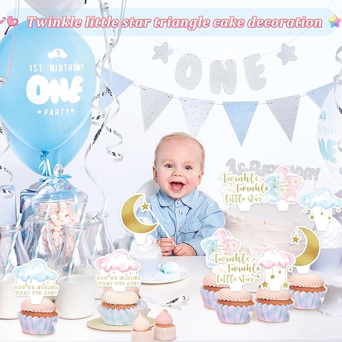 20 PCS Baby Shower Cupcake Toppers, Twinkle Twinkle Little Star Gender Reveal Decorations, Cake Party Supplies Decorations Gender Reveal Party Decorations for Baby Shower Boy Girl Birthday