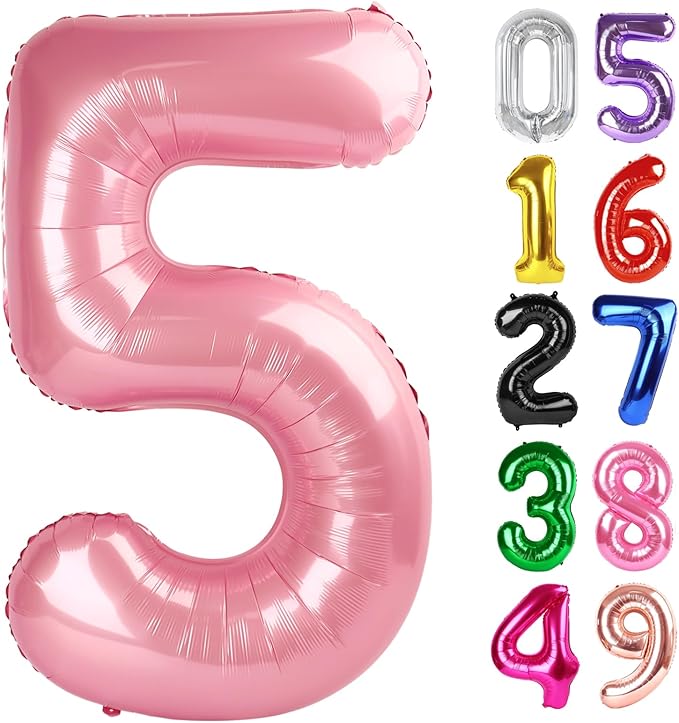 Pearlescent Pink Number 5 Balloon 40 Inch, 5th Birthday Party Decorations for Children, Giant 5 Foil Balloon for Party Supplies