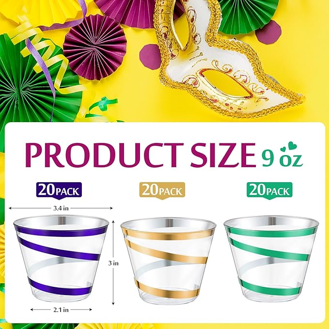 Gejoy 9 oz Rimmed Swirl Plastic Cups Disposable Wine Drinking Cups Clear Elegant Halloween Tumblers for Christmas Party Supplies(Purple, Gold, Green,60 Pcs)