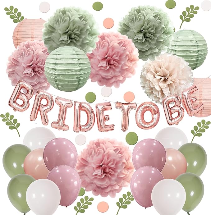 Bachelorette Decorations Pink Green- Bridal Shower Party Decor and Supplies Kit for Wedding With Foil Balloons Table Confetti Scatters Hanging Paper Lantern Tissue Flowers (Sage Green + Rose Pink)